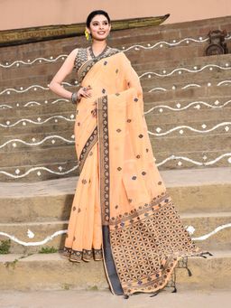 Elora - Handloom Cotton Butti Weaving Orange Saree With Unstitched Blouse
