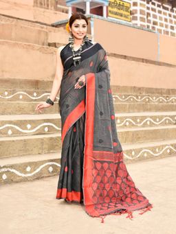 Elora - Handloom Cotton Butti Weaving Woven Dark Grey Saree With Unstitched Blouse