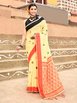 Elora - Handloom Cotton Butti Weaving Woven Yellow Saree With Unstitched Blouse