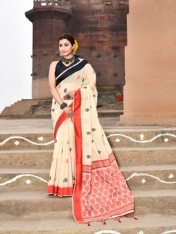 Elora - Handloom Cotton Butti Weaving Woven Cream Saree With Unstitched Blouse
