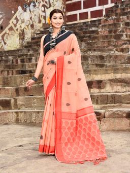 Elora - Handloom Cotton Butti Weaving Woven Peach Saree With Unstitched Blouse