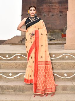 Elora - Handloom Cotton Butti Weaving Woven Orange Saree With Unstitched Blouse