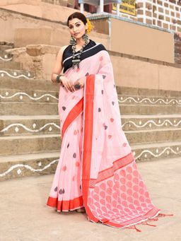 Elora - Handloom Cotton Butti Weaving Woven Light Pink Saree With Unstitched Blouse