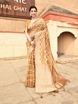 Elora - Linen Ikkat Zig Zag Jacquard Weaving Mustard Saree With Unstitched Blouse