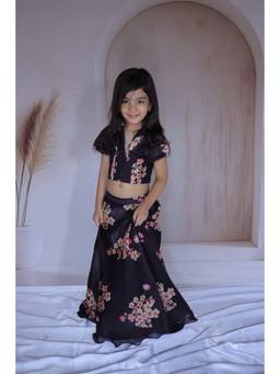 LITTLE LOOM - Floral Digital Print Black Blouse Lehenga