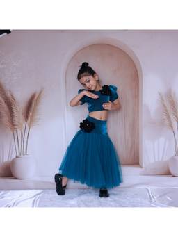 LITTLE LOOM - Flower Embellished Teal Green Top with Skirt