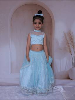 LITTLE LOOM - Embellished Blue Blouse with Lehenga and Dupatta
