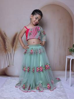 LITTLE LOOM - Floral Embroidered One-Shoulder Green Blouse with Lehenga and Dupatta