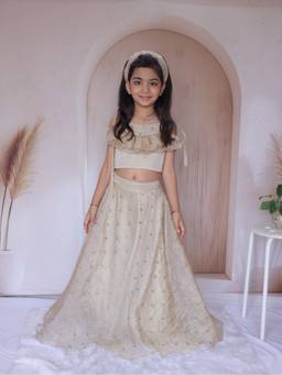 LITTLE LOOM - Embellished Ruffle Beige Blouse with Lehenga