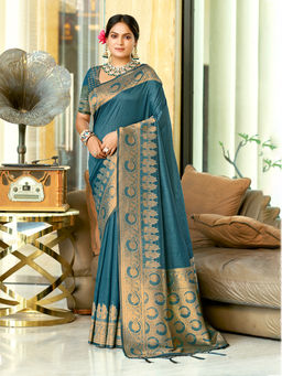 Sangam Prints - Ocean Teal Assam Silk Traditional Saree with Unstitched Blouse
