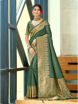 Sangam Prints - Dark Green Assam Silk Traditional Saree with Unstitched Blouse