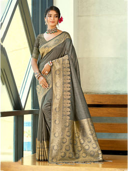Sangam Prints - Grey Assam Silk Traditional Saree with Unstitched Blouse
