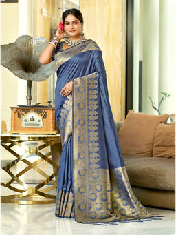 Sangam Prints - Navy Blue Assam Silk Traditional Saree with Unstitched Blouse