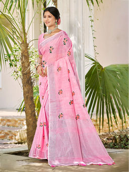 Sangam Prints - Light Pink Linen Traditional Saree with Unstitched Blouse