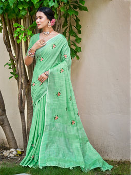 Sangam Prints - Pista Green Linen Traditional Saree with Unstitched Blouse