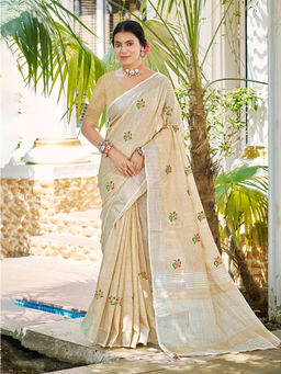 Sangam Prints - Cream Linen Traditional Saree with Unstitched Blouse