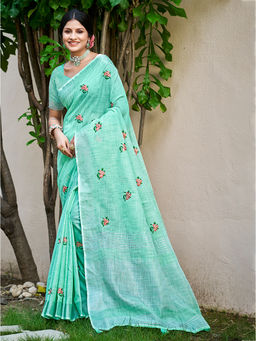 Sangam Prints - Turquoise Linen Traditional Saree with Unstitched Blouse