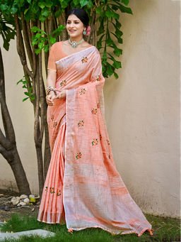 Sangam Prints - Peach Linen Traditional Saree with Unstitched Blouse