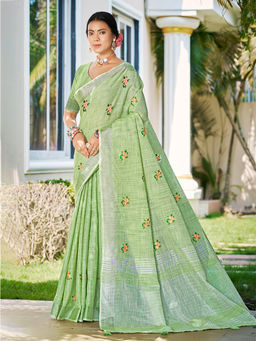 Sangam Prints - Green Linen Traditional Saree with Unstitched Blouse