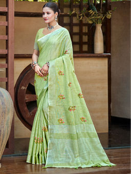 Sangam Prints - Green Linen Traditional Saree with Unstitched Blouse