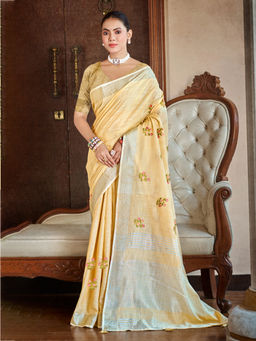 Sangam Prints - Mustard Linen Traditional Saree with Unstitched Blouse