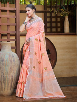 Sangam Prints - Peach Linen Traditional Saree with Unstitched Blouse