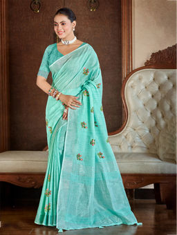 Sangam Prints - Sky Blue Linen Traditional Saree with Unstitched Blouse