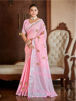 Sangam Prints - Pink Linen Traditional Saree with Unstitched Blouse