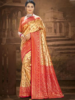Sangam Prints - Golden Red Dharmavira Traditional Saree with Unstitched Blouse