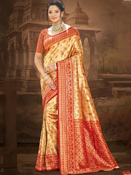 Sangam Prints - Golden Maroon Dharmavira Traditional Saree with Unstitched Blouse