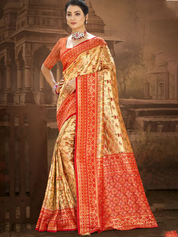 Sangam Prints - Golden Cherry Red Dharmavira Traditional Saree with Unstitched Blouse