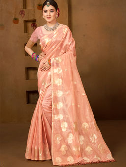 Sangam Prints - Peach Munga Kota Woven Saree with Unstitched Blouse