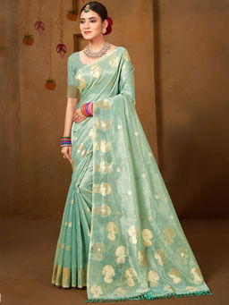 Sangam Prints - Sea Green Munga Kota Woven Saree with Unstitched Blouse