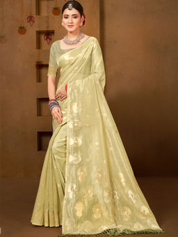 Sangam Prints - Olive Green Munga Kota Woven Saree with Unstitched Blouse