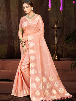 Sangam Prints - Peach Munga Kota Woven Saree with Unstitched Blouse