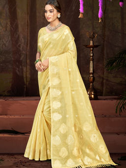 Sangam Prints - Yellow Munga Kota Woven Saree with Unstitched Blouse