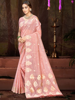 Sangam Prints - Pink Munga Kota Woven Saree with Unstitched Blouse