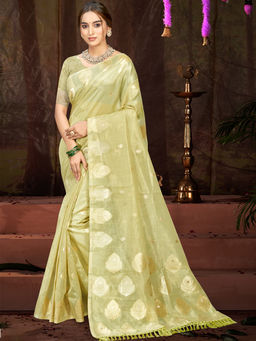 Sangam Prints - Olive Green Munga Kota Woven Saree with Unstitched Blouse