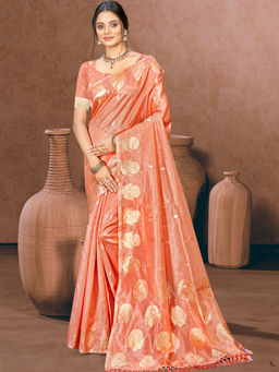 Sangam Prints - Peach Munga Kota Woven Saree with Unstitched Blouse