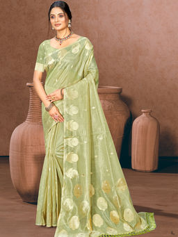 Sangam Prints - Green Munga Kota Woven Saree with Unstitched Blouse