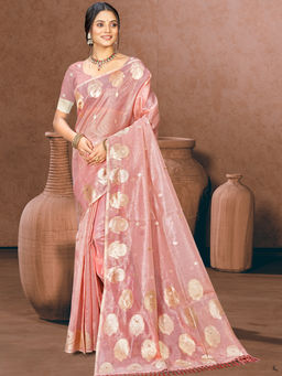 Sangam Prints - Pink Munga Kota Woven Saree with Unstitched Blouse