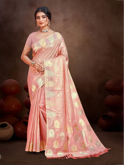 Sangam Prints - Peach Munga Kota Woven Saree with Unstitched Blouse