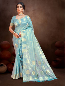 Sangam Prints - Sky Blue Munga Kota Woven Saree with Unstitched Blouse