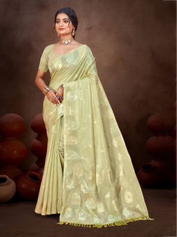 Sangam Prints - Olive Munga Kota Woven Saree with Unstitched Blouse