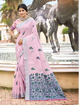 Sangam Prints - Light Pink Linen Traditional Saree with Unstitched Blouse