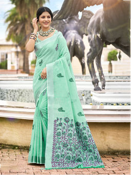 Sangam Prints - Olive Green Linen Traditional Saree with Unstitched Blouse