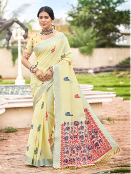Sangam Prints - Yellow Linen Traditional Saree with Unstitched Blouse