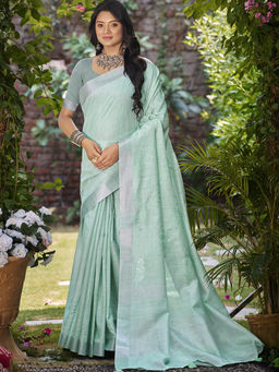 Sangam Prints - Sea Green Linen Traditional Saree with Unstitched Blouse