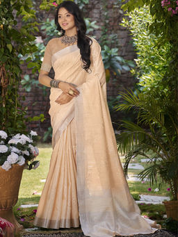 Sangam Prints - Peach Linen Traditional Saree with Unstitched Blouse