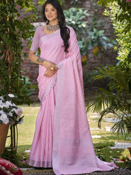 Sangam Prints - Dark Pink Linen Traditional Saree with Unstitched Blouse